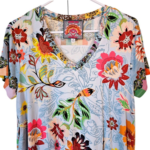 JOHNNY WAS Rainbow Floral Drape Tunic V-neck Bamboo Medium Blue Vacation Stretch - Picture 3 of 6